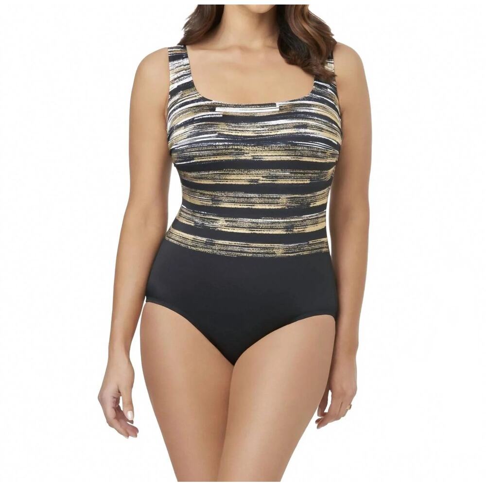 Inches Away Women’s One Piece Swimsuit Black Gold Stripe Size 8 NWT Swim